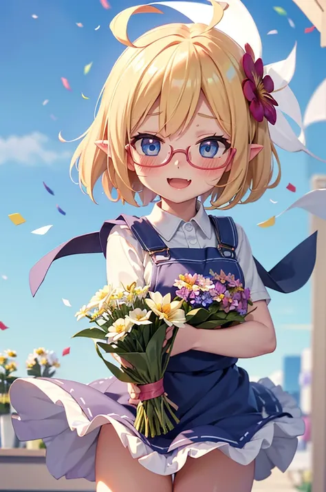 ultra detailed, best quality, high resolution, ((8k)), ((1girl)), pale skin, petite, (blonde hair), (very short hair), (ahoge:1.3), (glasses), pointy ears, (blush:1.5), blue eyes, medium breasts, cowboy shot, (naughty smile), open mouth, ((flower shop:1.5)...