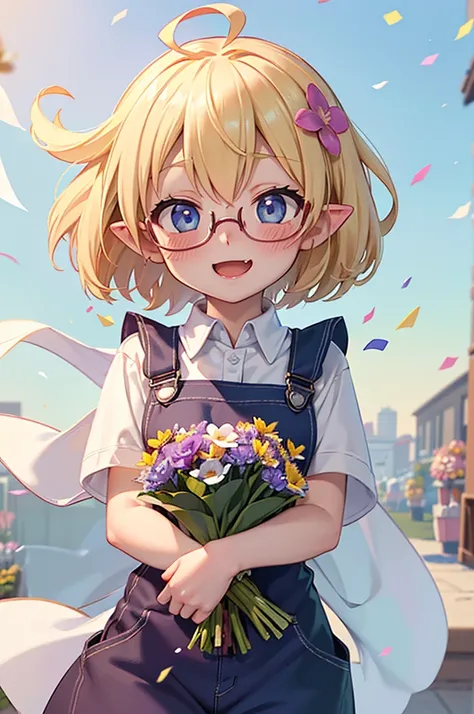 ultra detailed, best quality, high resolution, ((8k)), ((1girl)), pale skin, petite, (blonde hair), (very short hair), (ahoge:1.3), (glasses), pointy ears, (blush:1.5), blue eyes, medium breasts, cowboy shot, (naughty smile), open mouth, ((flower shop:1.5)...