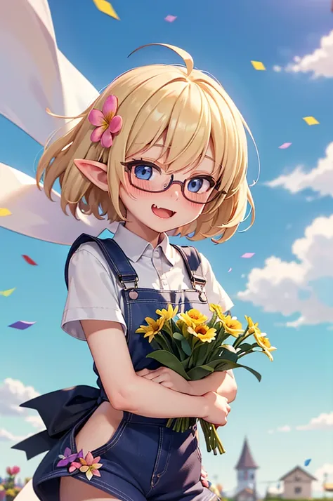 ultra detailed, best quality, high resolution, ((8k)), ((1girl)), pale skin, petite, (blonde hair), (very short hair), (ahoge:1.3), (glasses), pointy ears, (blush:1.5), blue eyes, medium breasts, cowboy shot, (naughty smile), open mouth, ((flower shop:1.5)...