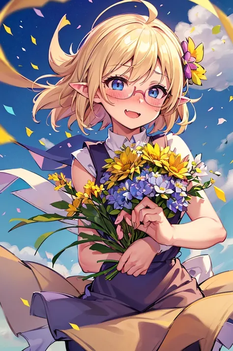 ultra detailed, best quality, high resolution, ((8k)), ((1girl)), pale skin, petite, (blonde hair), (very short hair), (ahoge:1.3), (glasses), pointy ears, (blush:1.5), blue eyes, medium breasts, cowboy shot, (naughty smile), open mouth, ((flower shop:1.5)...