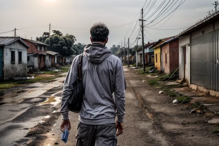 homem jovem, roupas sujas, miserable, sentado, sarjeta, luzes evidenciam, latas de lixo, vapores, miasmas, espectros, (landscape with a pale gray sun), despojados de dignidade, on the margins of society, insalubre,