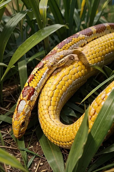 Corn snake, golden yellow body On the grass and a green corn snake