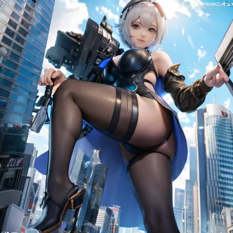 giantess art, highly detailed giantess shot, der riese, Beautiful girl wearing a huge swimsuit, Shorthair, Giant woman bigger than a skyscraper, Wearing rimless glasses, Colossal tits, Big ass,very small metropolis, miniature metropolis, Full body depictio...