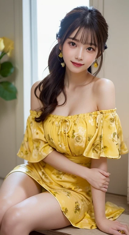 (she was wearing a long yellow party dress、yellow roses were blooming..。
 ,Off-shoulder_Dress,:1.3),(side slits:1.1)masutepiece, Best Quality, Illustration, Ultra-detailed, finely detail, hight resolution, 8K Wallpaper, Perfect dynamic composition, Beautif...