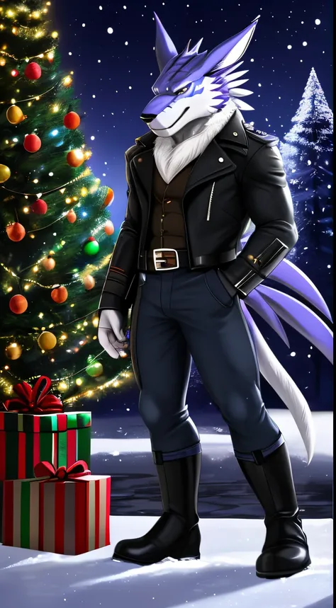 furry weregarurumon boy, muscular, christmas tree, night, snow, leather jacket, leather arms and hands glove, leather legs and riding boots, behind the light, leather pants, anime, digimon, 4K