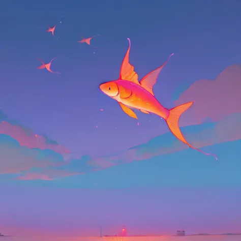 (((lofi aesthetic))), lofi aesthetic scenario, landscape, lofi vibes, cozy, warm colors, ((several glowing fish flying in the sky)), high detail