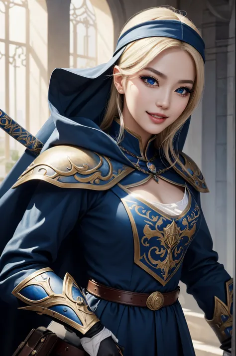 8K,(​masterpiece:1.2), (top-quality:1.2), perfect  eyes, face perfect, volume illumination, 1, Warrior nun, Super Beautiful(Like the real thing), super realistic skin,Blue eyes,s Armor, luxurious blue and white robe, blonde  hair, pauldron, The sword, a be...