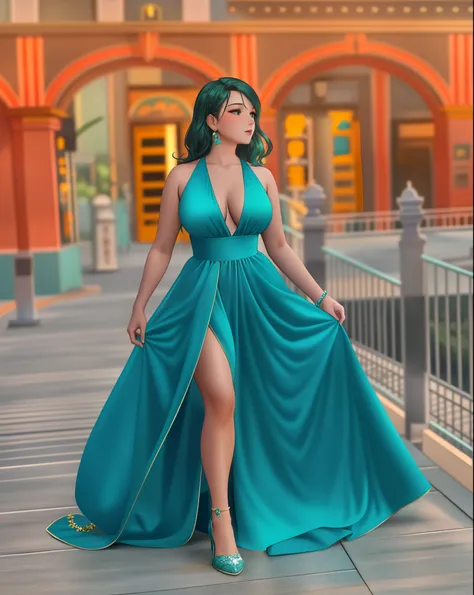 a woman in a blue dress  walking on a boardwalk, belly free teal dress, full body green dress, turqouise, teal, green dress, turquoise, sexy gown, flowing dress, opened dress, long gown, long blue dress, glowing hue of teal, gorgeous woman, greenish blue t...