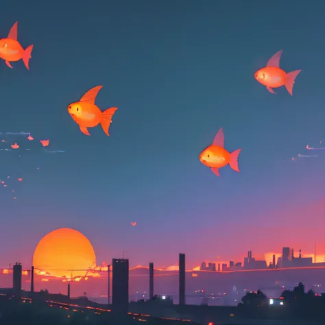 (((lofi aesthetic))), lofi aesthetic scenario, landscape, lofi vibes, cozy, warm colors, ((hundreds of glowing fish flying in the sky)), high detail