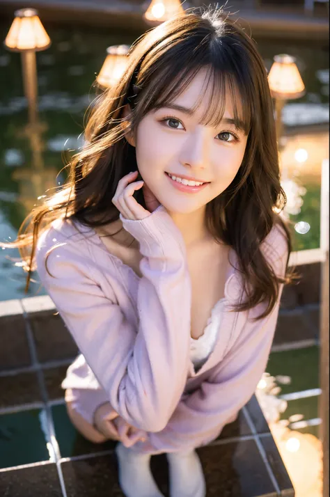 ulzzang -6500-v1.1, (Raw photo:1.2), (Photorealsitic), a beautiful detailed girl, (Real: 1.4), extremely detailed eye and face, beatiful detailed eyes, ((A very beautiful illumination square at night:1.5)), (( Soft sweater in pastel colors:1.3, Ultra-reali...