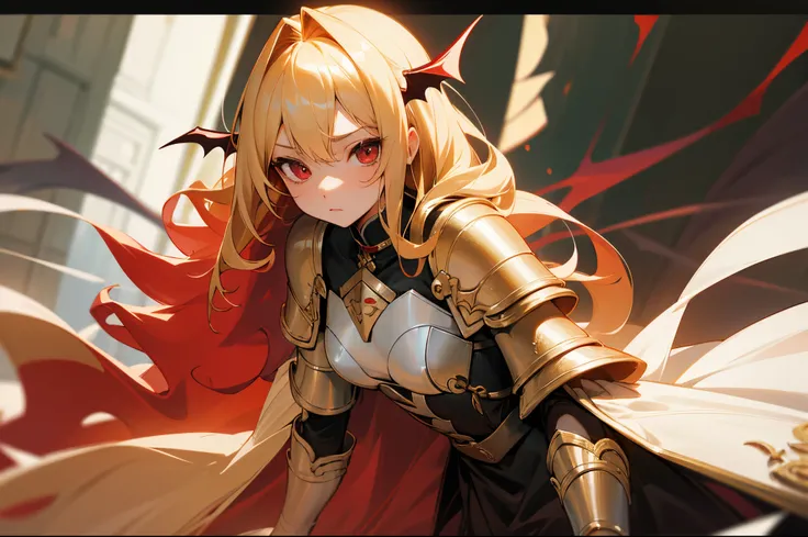 teens girl，Blonde hair。ssangyongjiao，long whitr hair，curlies，red color eyes，White-gold armor，Bat wings，Vampires，incredulous，Sense of oppression