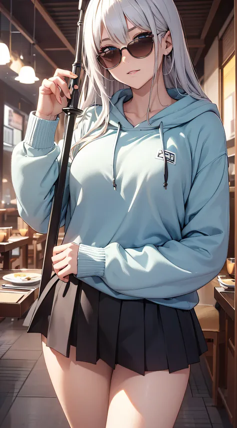 top-quality、Top image quality、​masterpiece、teens girl((White and blue open-chest hoodie、Black skirt、18year old、 Ager、Best Bust、big bast,Beautiful light blue eyes, Long silver hair、A slender,Large valleys、Reflecting the whole body、Leaning forward、put red su...