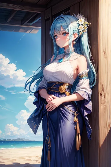 beautifully drawn, High quality, Super detailed CG illustration of a woman with a gentle expression, Staring into the distance with light blue hair gently swaying in the desert breeze. The view behind her is vast and breathtaking, Draw viewers into a world...