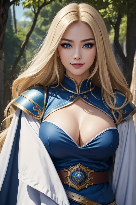 8K,(​masterpiece:1.2), (top-quality:1.2), perfect  eyes, face perfect, volume illumination, 1, Warrior nun, Super Beautiful(Like the real thing), super realistic skin,Blue eyes,large full breasts,s Armor, luxurious blue and white robe, blonde  hair, pauldr...