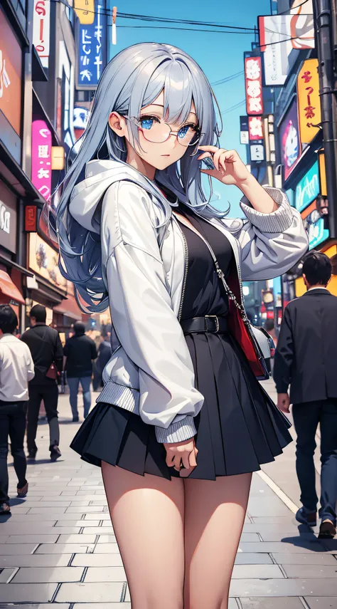 top-quality、Top image quality、​masterpiece、teens girl((White and blue open-chest hoodie、Black skirt、18year old、 Ager、Best Bust、big bast,Beautiful light blue eyes, Long silver hair、A slender,Large valleys、Reflecting the whole body、Leaning forward、put red su...