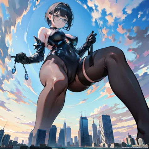 giantess art, highly detailed giantess shot, der riese, Beautiful girl wearing a huge swimsuit, Shorthair, Giant woman bigger than a skyscraper, Wearing rimless glasses, Colossal tits, Big ass,very small metropolis, miniature metropolis, Full body depictio...