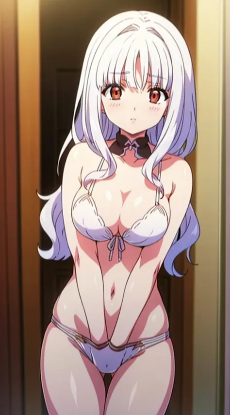 masterpiece, best quality, 1 solo girl, white hair, red eyes, bob cut hair, wavy hair, medium breasts, mature body and face, bare shoulders, cleavage, white lingerie, white bra, white panties, open stomach, bed, leg up, cowboy shots, sexy pose, dakimakura,...