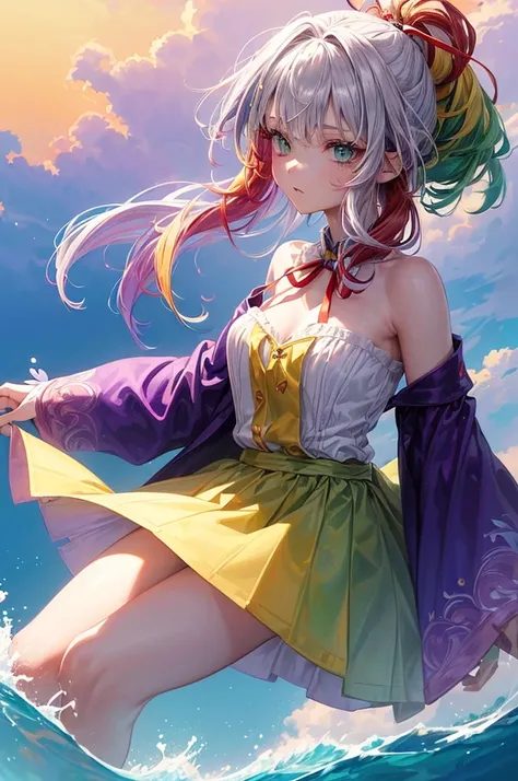 1.5),(1 girl),(Dynamic Pose),(multicolored hair+Silver hair:1.3+Red hair:1.2+Purple hair+Yellow hair:1.3+Green hair:1.3),(Blue eyes),(Neck ribbon),(floating),(cloud),(Too many drops of water),(Twilight),(watercolor paiting),(Wide Shot)