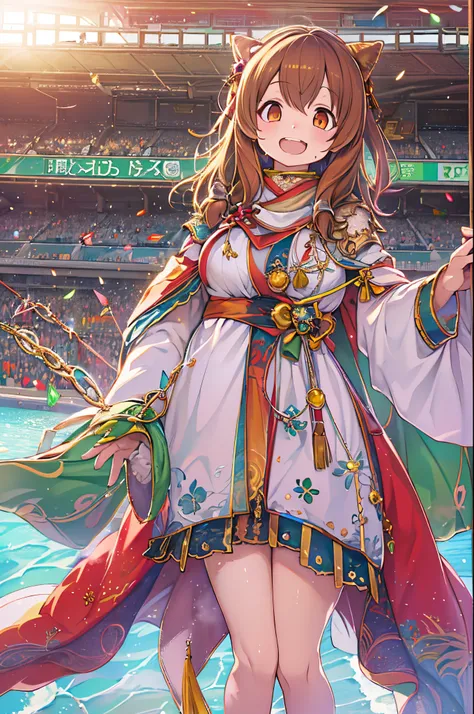 (masutepiece:1.4), (Best Quality:1.4), Extremely detailed, Convoluted, Hyper Detailed, (Perfect face), Illustration,Soft lighting, Scenic, 1girl in, Happy,  bright reddish-brown hair, Colorful, colorized, from a_Below ,Fish_The costume , Stadium