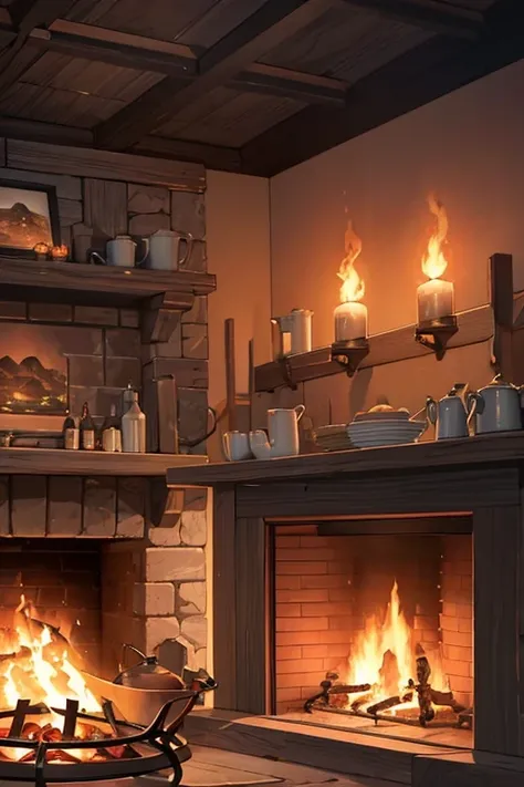 There are four pots on the fire，Flames come out of the pot, kettle, tavern background, cook it, In a fantasy tavern by the fireplace, arte de fundo, random background scene, Smelter, background artwork, cook a, Fantasy tavern background, animated still, fi...