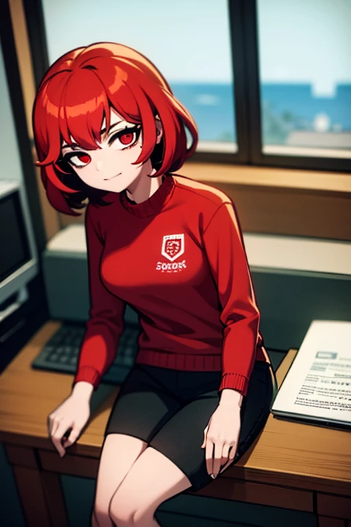 A red haired woman with red eyes is sitting at a computer