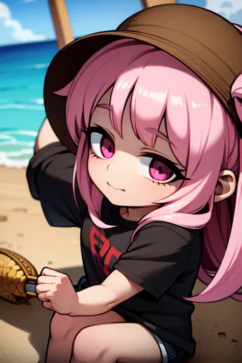 A pink haired woman with violet eyes is eating ice cream with a red haired woman with red eyes on the beach