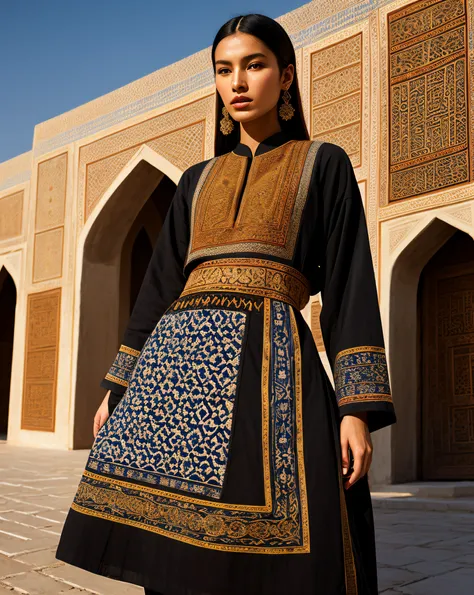 high fashion, hyperrealism, clothing in the style of the Ark fortress, the ancient citadel in Bukhara, Uzbekistan, material with a traditional pattern or drawings in the spirit of the works of artists of that time: at the same time, clothing models refer t...