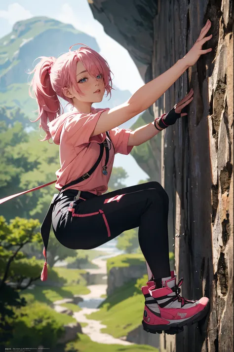 (tmasterpiece), (Best quality whole body), 1female, climbing wall on cliff, Side view, (long_Ponytail pink hair:1.21), (hair covering one eye:1.23), Wearing hiking boots_wears, Dressed for climbing_footwear, Hanging on a cliff, grab a rope, Delicate and be...