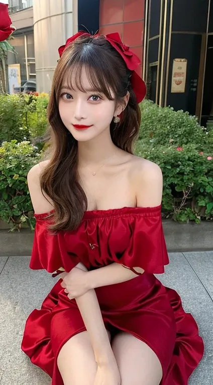 (wearing a long red party dress、red roses were blooming。 、Off-shoulder_Dress,:1.3),(side slits:1.1 )、masutepiece, Best Quality, Illustration, Ultra-detailed, finely detail, hight resolution, 8K Wallpaper, Perfect dynamic composition, Beautiful detailed eye...