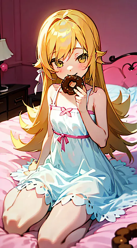 cute little、an anime girl、A charming smile、Suspicious smile、Eating sweets、girls own room、White Dress、eating a donut、sit on a bed、Pink futon