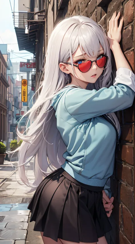 top-quality、Top image quality、​masterpiece、teens girl((white hoodie with open chest、Black skirt、18year old、 Ager、Best Bust、big bast,Beautiful light blue eyes, Long silver hair、A slender,Large valleys、Reflecting the whole body、Leaning forward、put red sungla...