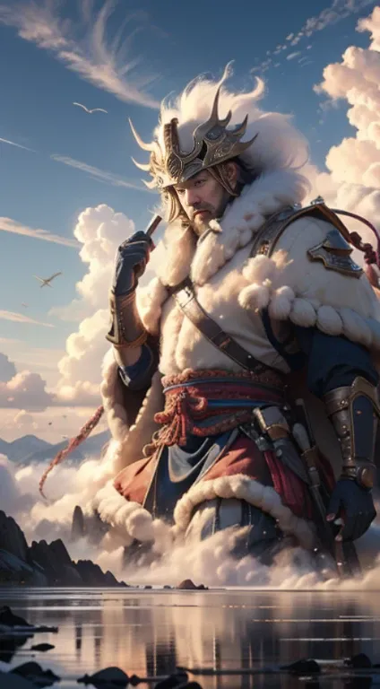 Hyper-realistic art BJ_divino_beastly,Outdoor activities,Skysky,Excellent_Erlang God Yang Jian，daysies,​​clouds,Cloudy_Skysky,scenecy,smokes,mont,电影灯光,strong contrasts,High level of detail,Best quality at best,tmasterpiece,. Extremely high resolution detai...