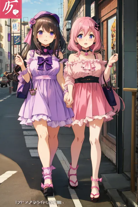 Anime girl wearing pink and purple costume is walking on the sidewalk, anime moe art style, Kantai Collection Style, anime style 4 k, two beautiful anime girls, Anime Girls, hanayamata, Ecchi anime style, anime cover, yandere. tall, High quality anime art ...