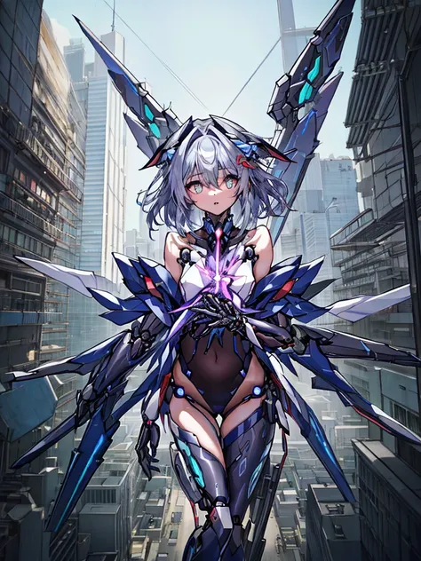 top-quality、ighly detailed、​masterpiece、ultra-detailliert、illustratio、((1girl in))、silber hair、length hair、Floating hair、、Cyber City、Neon building、(The upper part of the body:1.05)、extremely_Detailed_Eyes_And_Face,cybernetic wings mechanical wings、Random p...