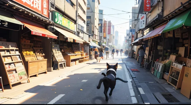 A boy runs with a cat in a street market, running cat, Scared face and tongue sticking out chasing animal, real-life tom and jerry, Attack on a cat in Tokyo, Chase the scene, Run quickly to the camera, Running towards——