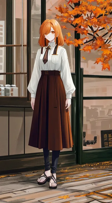 Clothing planning theme autumn and winter return to dust，styled:  ، , old money style, Reference brand TEME 2023. Moya Seoul 2023 Color: peaches, Amber brown, Orange details: intelligent，Casual culottes with loose straps，White shirt material: linen, cotton...