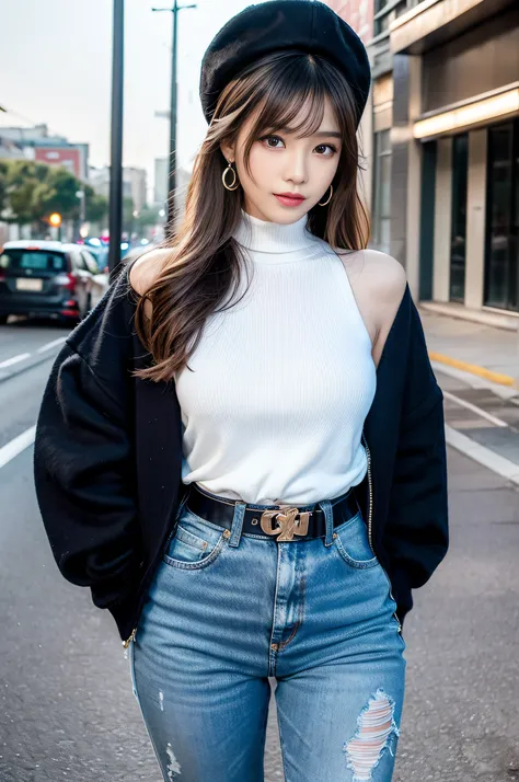 A very beautiful Asian girl,Alone,Mature girl,Alone on the street,White turtleneck long-sleeved sweater,denim short,Black glossy ocean hat(An extremely delicate and beautiful work:1.2)Supermodel figure,supermodel height,A very beautiful girl,Perfect body e...