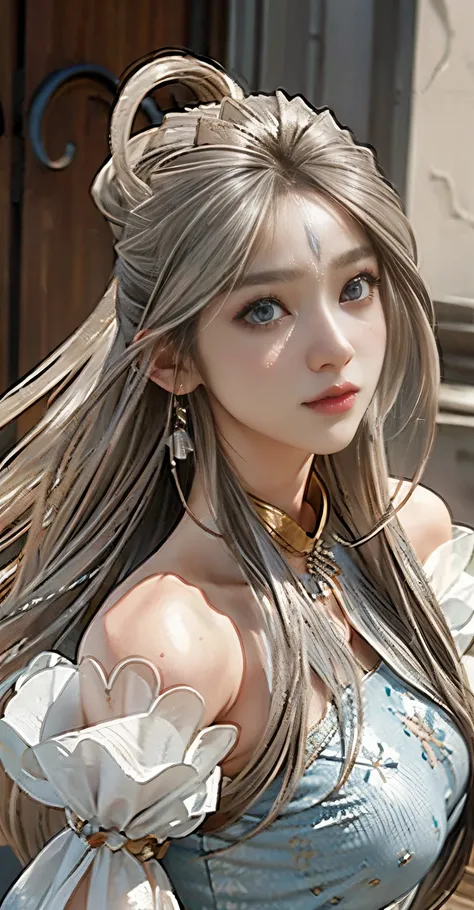 (Absurd, high-res, Super Detailed), 1girls, Shy, Shy, sweet gentle girl, intricate detailed, Enlarged surface, intricate detailed, Fine eyes and detailed faces, intricate detailed, Gray Hair, flowing hair, Clothing to cover hands, Covering hands, large boo...