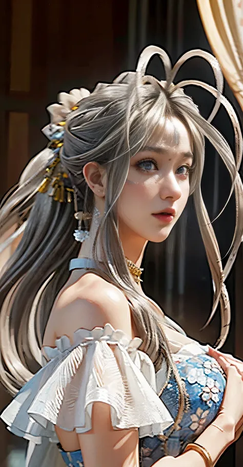 (Absurd, high-res, Super Detailed), 1girls, Shy, Shy, sweet gentle girl, intricate detailed, Enlarged surface, intricate detailed, Fine eyes and detailed faces, intricate detailed, Gray Hair, flowing hair, Clothing to cover hands, Covering hands, large boo...