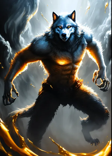 Beautiful cinematic realistic (oil painting:1.1) of a handsome (werewolf guardian , (samoyed:0.8)) , emerging, descending from  ( a big  misty dark ink splash on  , silver and golden paint splash, dynamic lighting), hires, 8k, big detailed clear  silver ey...