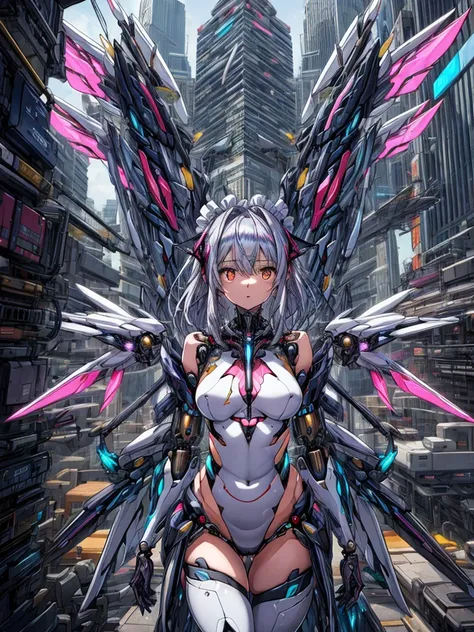 top-quality、ighly detailed、​masterpiece、((1girl in))、silber hair、length hair、Floating hair、、Cyber City、Neon building、(The upper part of the body:1.05)、extremely_Detailed_Eyes_And_Face,cybernetic wings mechanical wings、Random posture、Skyscraper、、Mechumusume...