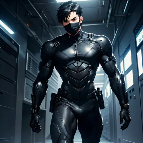 man, masculine man, muscular man, black hair, short hair, black mask, futuristic clothes, tight suit, black suit, military suit