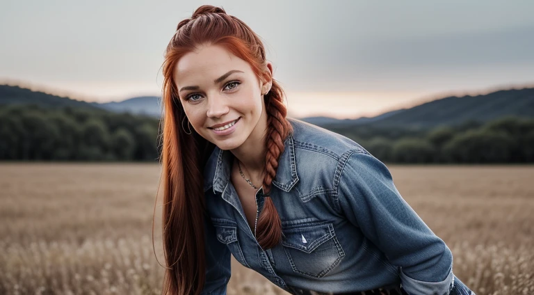 (8k, ultra high-resolution, best quality, High_qualidade, master part:1.2), 
Realistic, (olhos e rosto ultra detalhados), (pele bonita ultra detalhada),
sozinho, 1 girl, mulher sexy,  long red hair in a braided ponytail, corpo esguio, seios grandes,
vaquei...