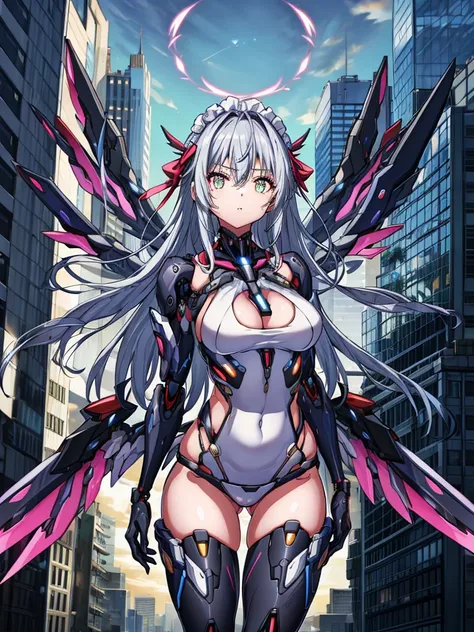 top-quality、ighly detailed、​masterpiece、((1girl in))、silber hair、length hair、Floating hair、、Cyber City、Neon building、(The upper part of the body:1.05)、extremely_Detailed_Eyes_And_Face,cybernetic wings mechanical wings、Random posture、Skyscraper、、Mechumusume...