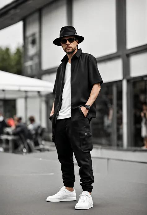 DJ Presse Foto, white man, 30 Jahre, wide brim fedora, cooler Typ, Hip Hop Kleidung, Nike Sneaker, kein Bart, braune Augen, European, Body and head straight in the photo, dem Betrachter des Fotos zugewandt, Augen, die an der Linse befestigt sind, , Mann ze...