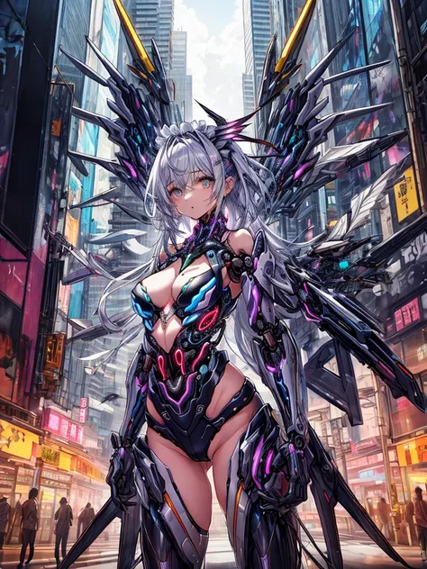 top-quality、ighly detailed、​masterpiece、ultra-detailliert、illustratio、((1girl in))、silber hair、length hair、Floating hair、、Cyber City、Neon building、(The upper part of the body:1.05)、extremely_Detailed_Eyes_And_Face,cybernetic wings mechanical wings、Random p...