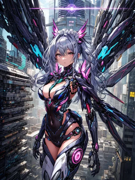 top-quality、ighly detailed、​masterpiece、ultra-detailliert、illustratio、((1girl in))、silber hair、length hair、Floating hair、、Cyber City、Neon building、(The upper part of the body:1.05)、extremely_Detailed_Eyes_And_Face,cybernetic wings mechanical wings、Random p...