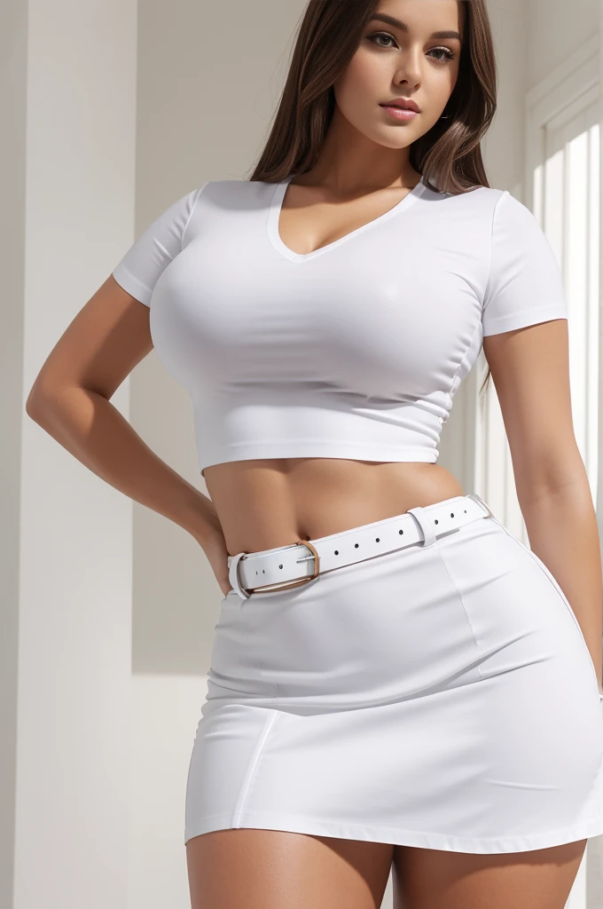 woman in a white shirt and a white skirt, clothed in white shirt, white leather belt, curvy model, beautiful model girl, perfect body, sexy girl, wearing tight shirt, lovely woman, brown hair and a perfect body, very attractive and beautiful, beautiful gir...