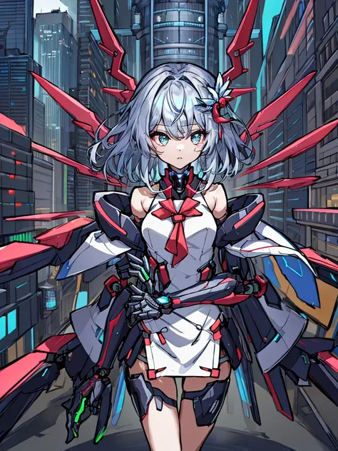 top-quality、ighly detailed、​masterpiece、ultra-detailliert、illustratio、((1girl in))、silber hair、length hair、Floating hair、、Cyber City、Neon building、(The upper part of the body:1.05)、extremely_Detailed_Eyes_And_Face,cybernetic wings mechanical wings、Random p...