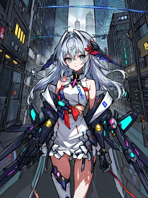 top-quality、ighly detailed、​masterpiece、ultra-detailliert、illustratio、((1girl in))、silber hair、length hair、Floating hair、、Cyber City、Neon building、(The upper part of the body:1.05)、extremely_Detailed_Eyes_And_Face,cybernetic wings mechanical wings、Random p...